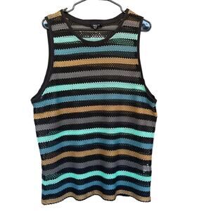 Forever 21 Shirt Mens XL Black Green Blue Tan Striped Mesh Tank Top Festival